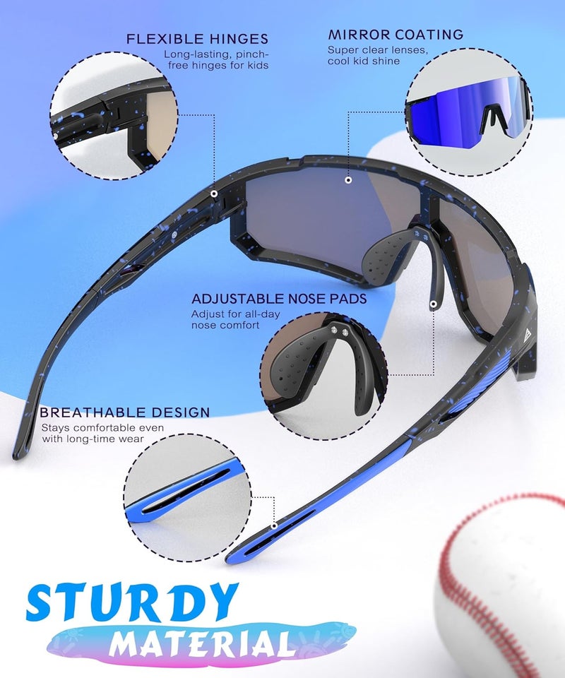 QALLY Store 3PACK Kids Sunglasses Youth Baseball Sunglasses for Boys Girls Age 4-14, Softball Cycling UV400 Protection Sports - Image 4